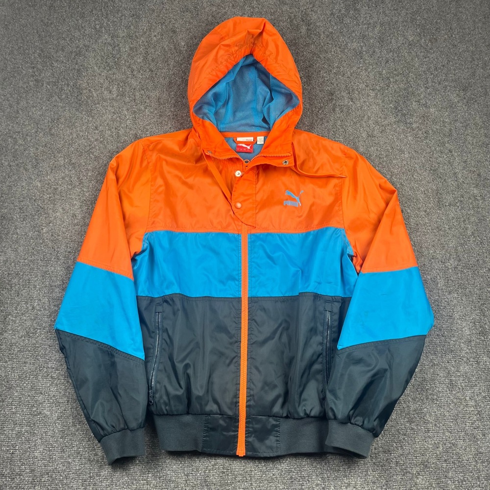 Puma Mens Sportlifestyle Windbreaker Hooded Jacket Orange Blue Navy Small